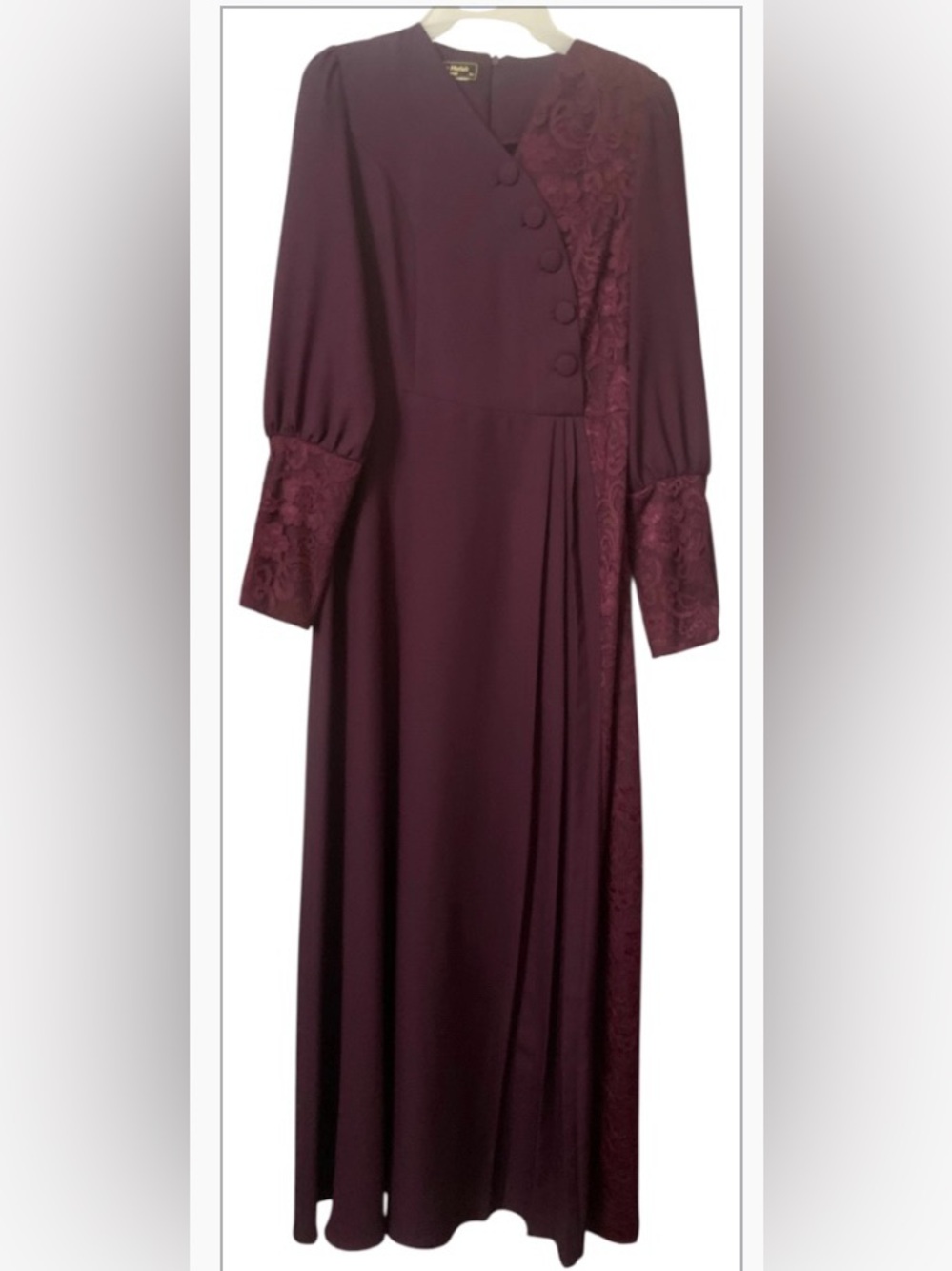 Women's Long Sleeve Burgundy Maxi Dress with Lace Accents